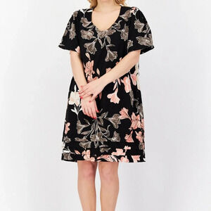 Nicole Miller Black Tropical Floral Linen Blend Bohemian Shift Dress Size Medium